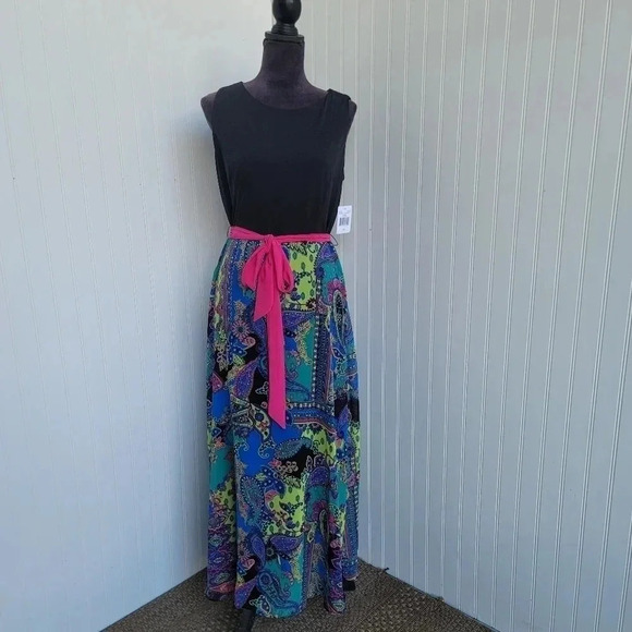 NWT RN Studio Ronni Nicole Black Multi Slevelesa Tie Design Long Maxi Dress 12 - Picture 1 of 10